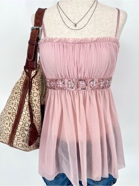 Pink Sheer Babydoll Tank Beaded Waist Fairy Y2K Coquette Top